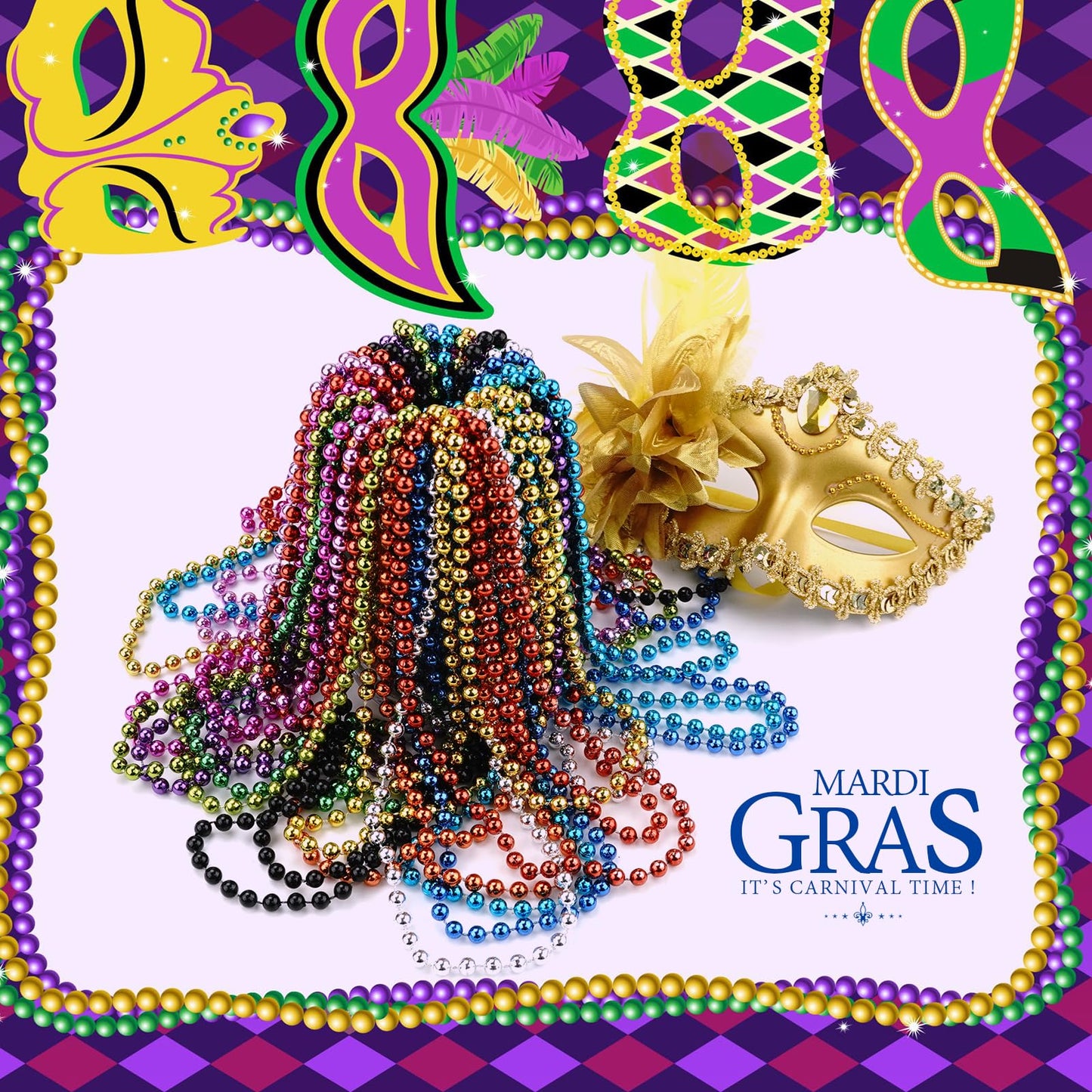 SHAOQINLIN 144 Pcs Blue Mardi Gras Beads, 33'' 7 mm Metallic Blue Bead Necklaces 4th of July Beads Necklaces Bulk Party Beads fo