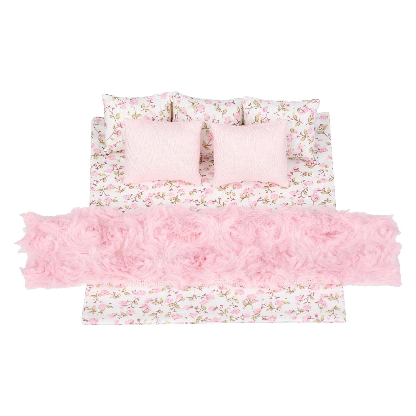 Dollhouse Furniture Mini Bed Set, Realistic Bedroom Accessories For 6 Inch Dolls, Pillow, Wooden Frame, 1/12 Scale (White Bed, Pink Bedding)