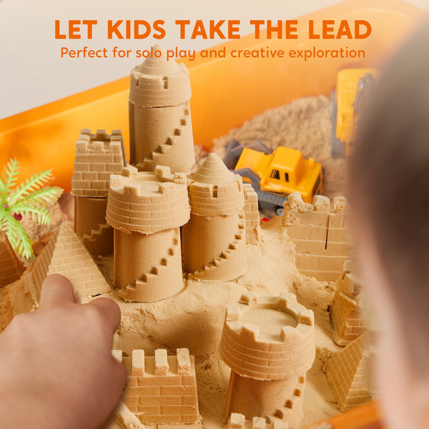 Klever Kits Construction Sensory Bin for Toddlers with Glow in The Dark Stones, Sandbox with Lid Magic Sand Castle Building kit,