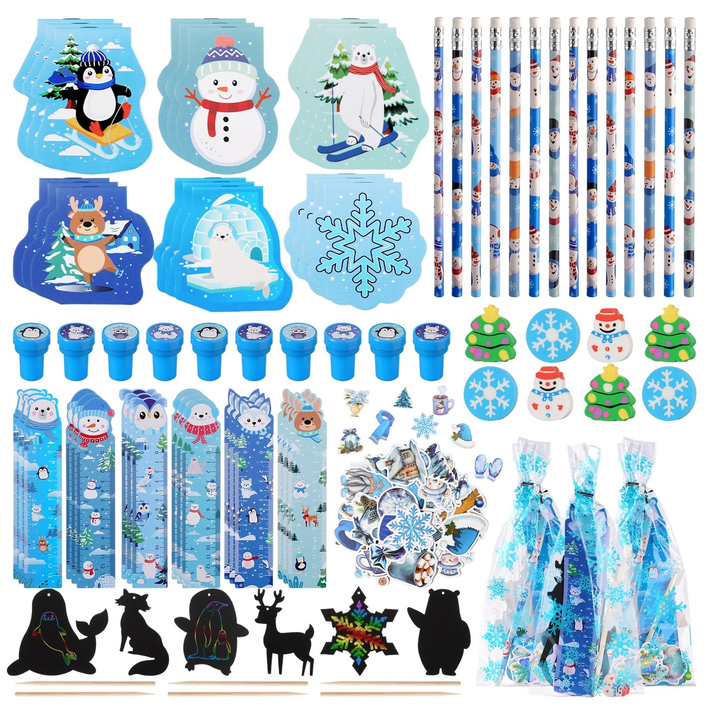 Vanblue 218pcs Winter Christmas Party Favors Stationery Set for Kids Winter Polar Animal Party Supplies Exchange Gifts Class Rew