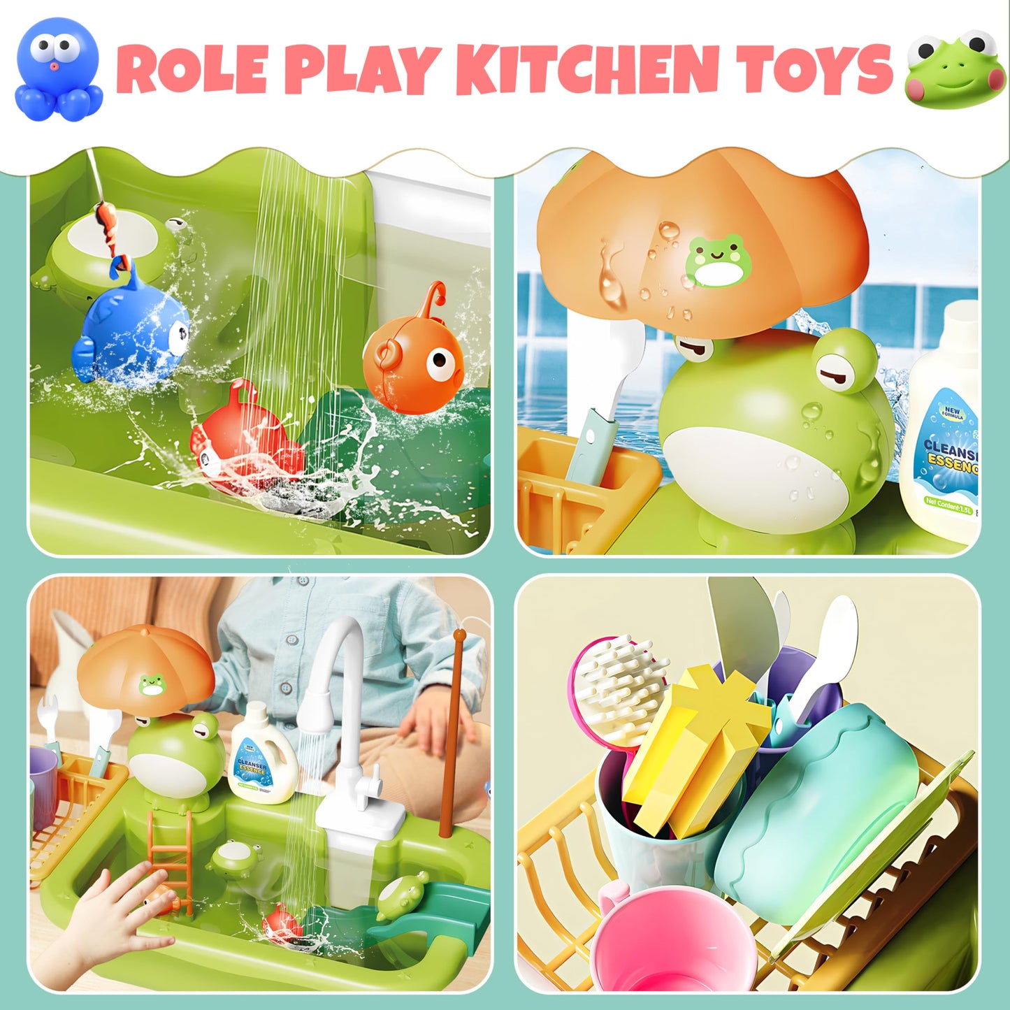 Play Sink with Running Water for Toddlers, Play Kitchen Sink Toy with Electric Faucet for Kids, Pretend Play Dishwasher Play Set