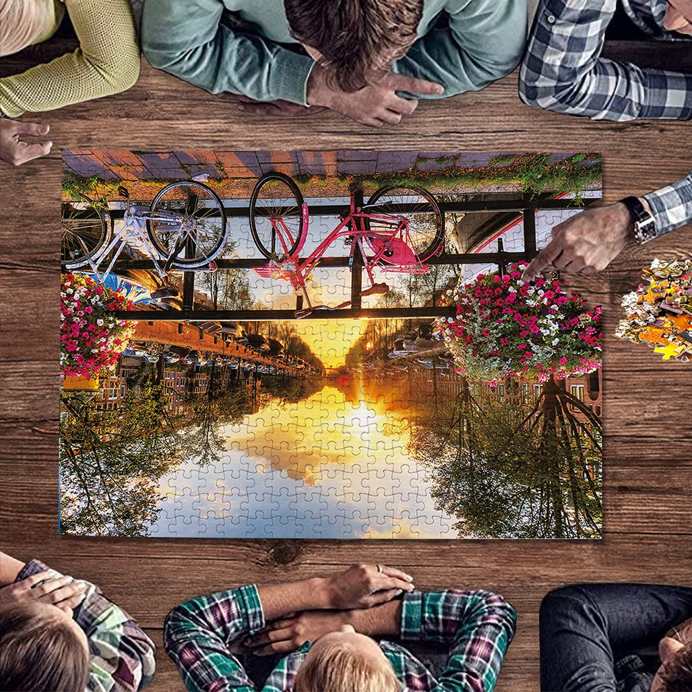 SiTimmGer Puzzles for mature-themeds Jigsaw 500 Piece Spring Flower Quiet River Sunrise Picturesque Amsterdam with Bicycles Landscape 500 Piece Puzzle Art for Family Fun mature-themed Kids Puzzle Games 14.5 x 20