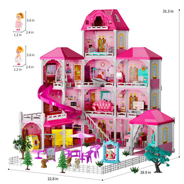 Temi Doll House Girls Toys - 4-Story 12 Rooms Playhouse With 2 Dolls Toy Figures, Fully Furnished Fashion Dollhouse, Pretend Pla