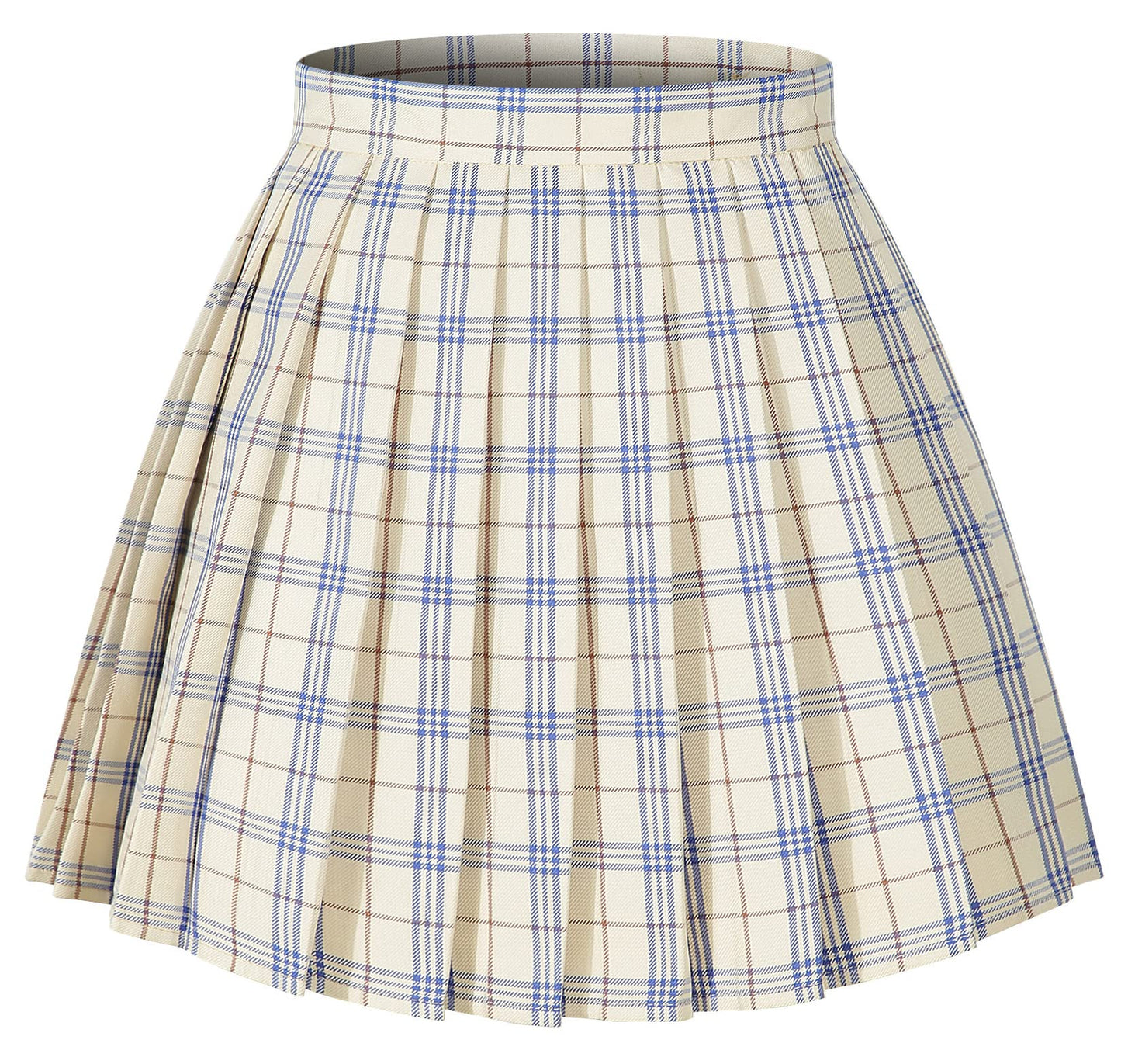 Womens Short Pleated Plaid Costumes Skirt(Beige Dark Brown Mixed Blue,3Xl)