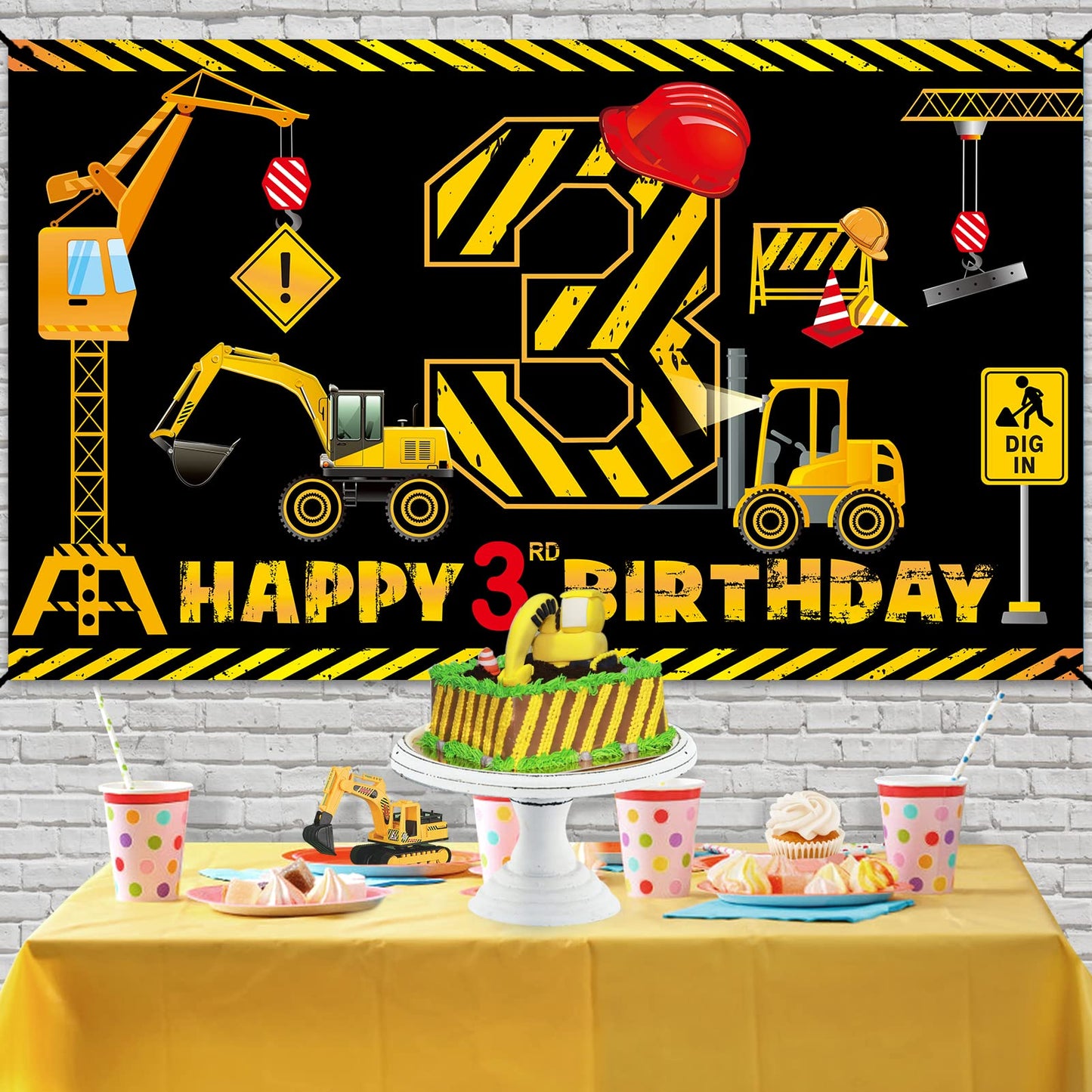 Construction 3rd Birthday Banner Decorations for Boys Kids, Dump Truck Construction Theme Three Birthday Party Supplies, Excavat