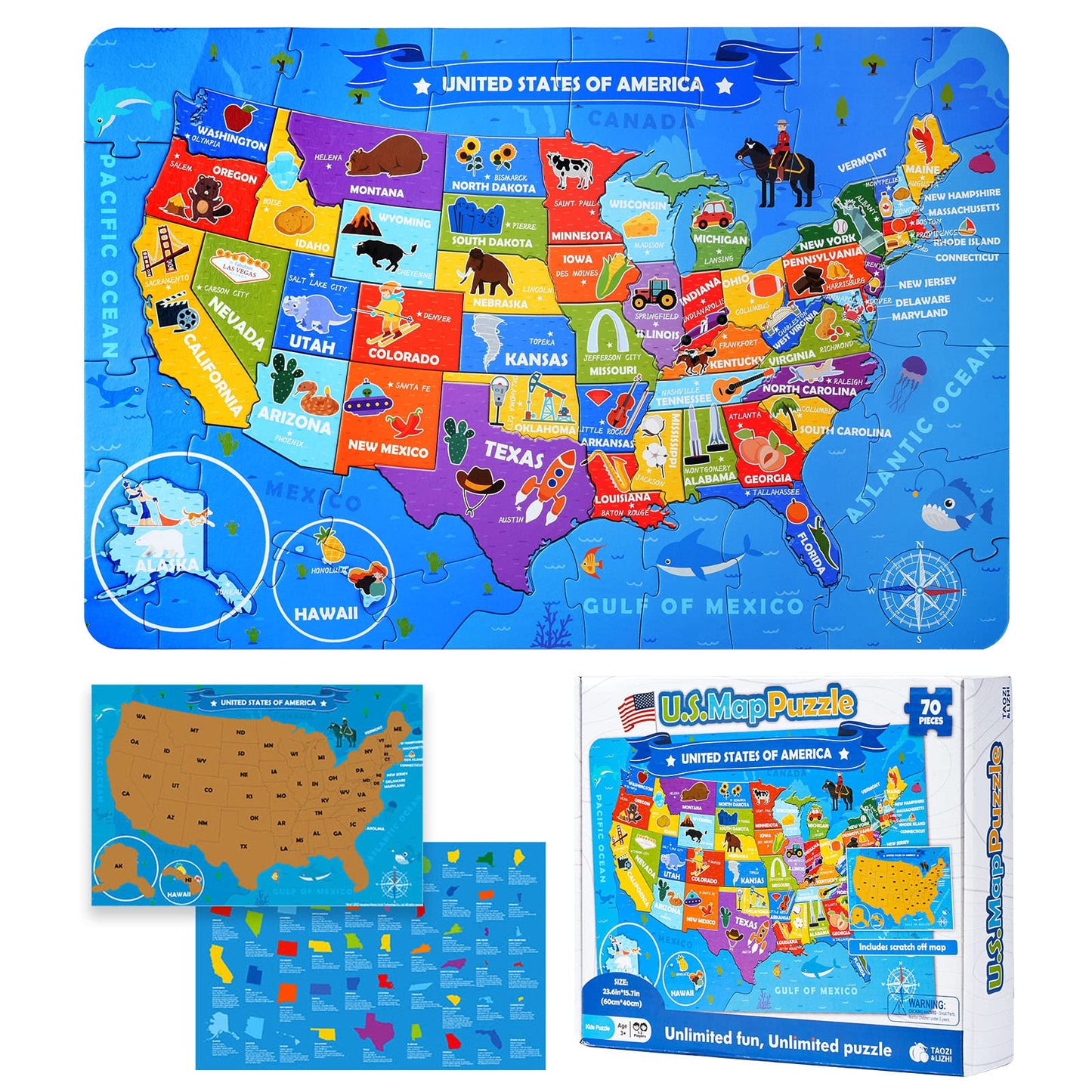 Taozi&Lizhi United States Kids Puzzles, 70 Piece Usa Map Puzzle 50 States With Capitals, Children Jigsaw Geography Puzzles Learn