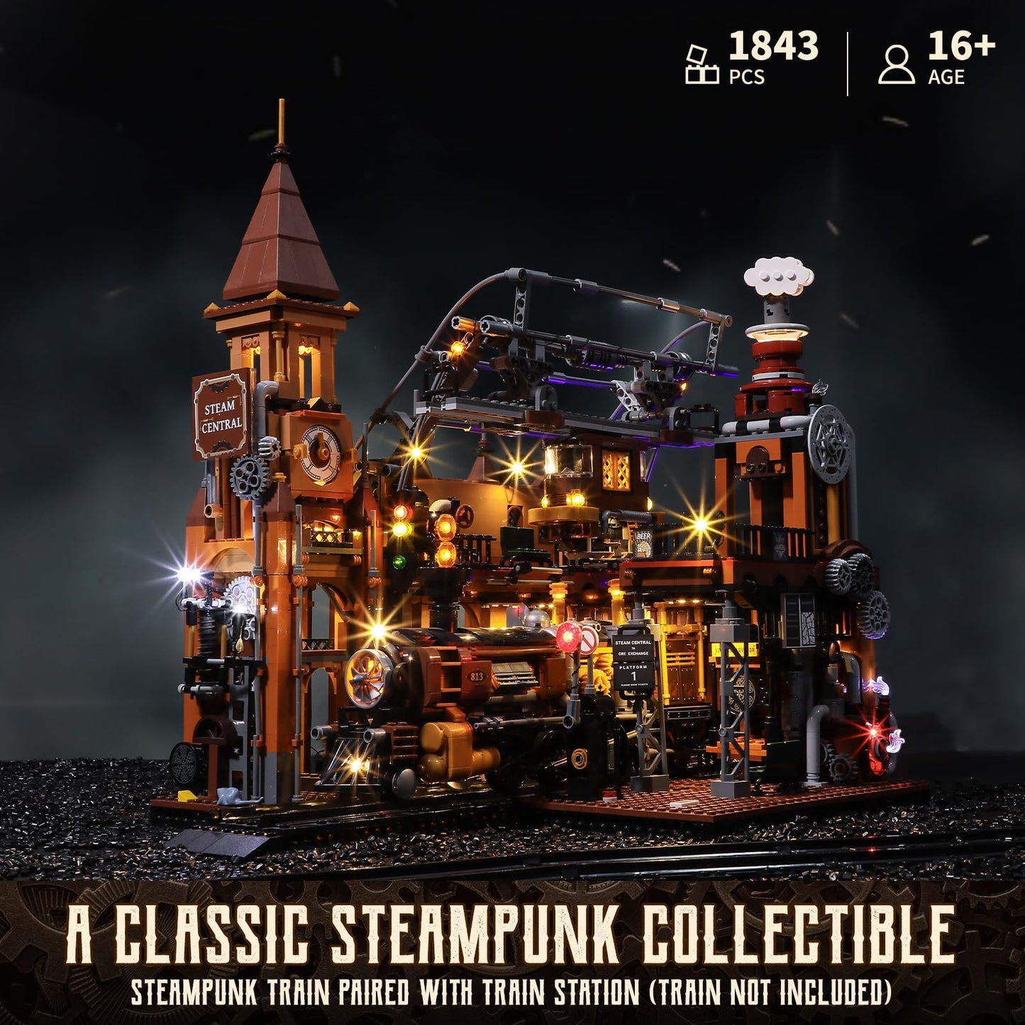 FUNWHOLE Train-Station Lighting Building Bricks Set, 1843 Pieces, Multicolor, Steampunk LED Model F9007 for Adults and Teens