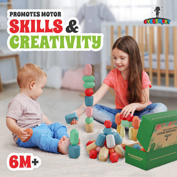 Eversmart 36 Pcs Wooden Stacking Blocks - Montessori Toys For 1 2 3 4 5 6 Year Old Toddlers And Kids, Xl Rocks, No Choking Hazar