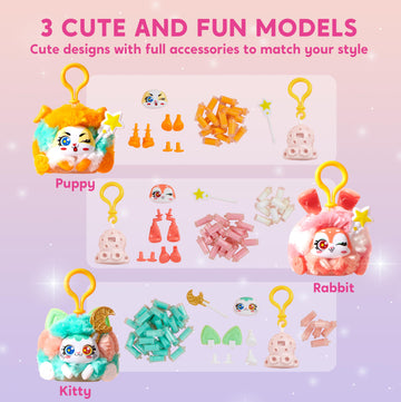 Klever Kits DIY Plush Keychain Making Craft, DIY Arts & Craft Set with 3 Models, Create Your Own Stuffed Keychain for Boys and G