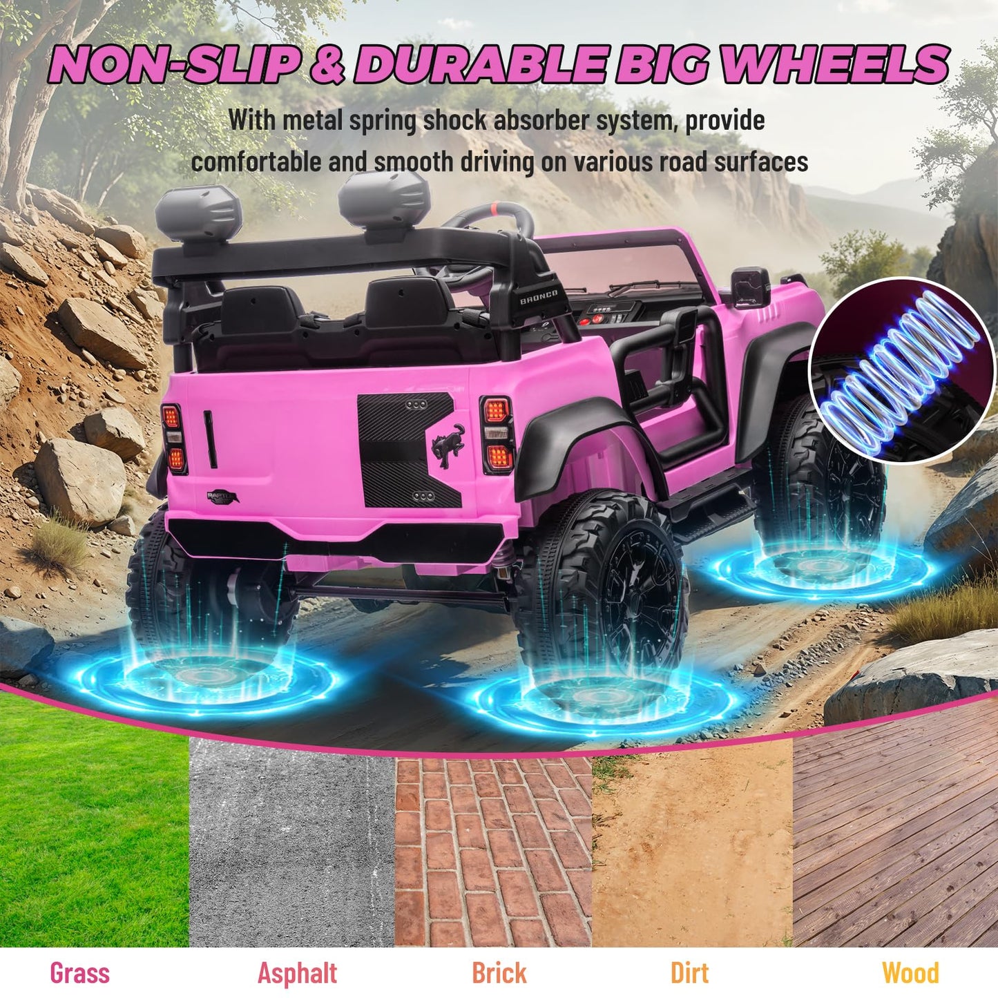 Enyopro 24V Ride On Toys For Big Kids, Licensed Ford Bronco Raptor 2 Seater Kids Electric Vehicle, Battery Powered Ride On Car J