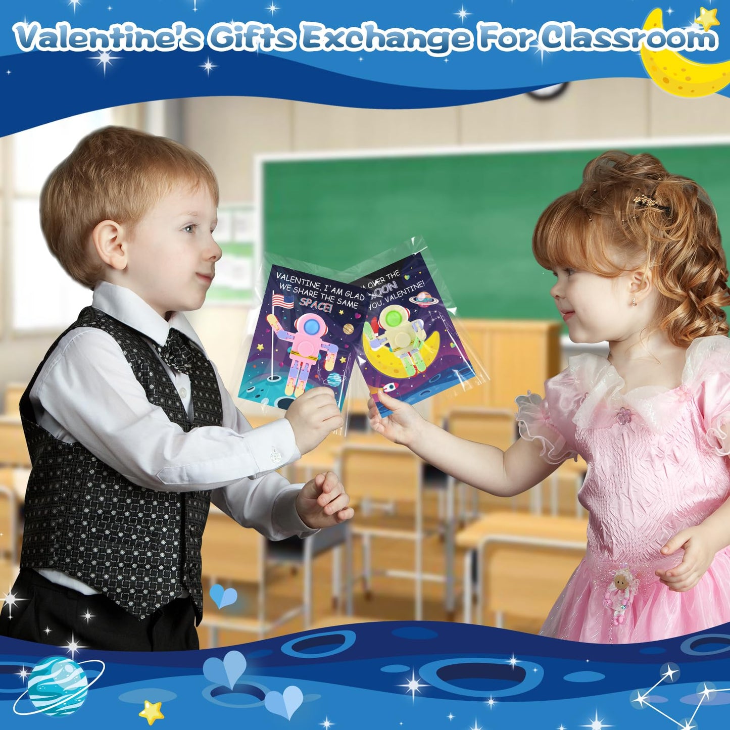 Zirseng Valentines Day Gifts For Kids Classroom - 28Pack Pop Fidget Spinners Astronaut Bulk With Unique Valentines Cards For Cla