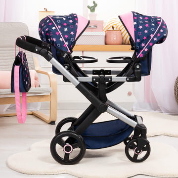 Bayer Design Dolls: Xeo Twin Pram: Stars Navy & Pink - Matching Handbag, Adjustable Handle, Dolls Up to 20, Ages 3+
