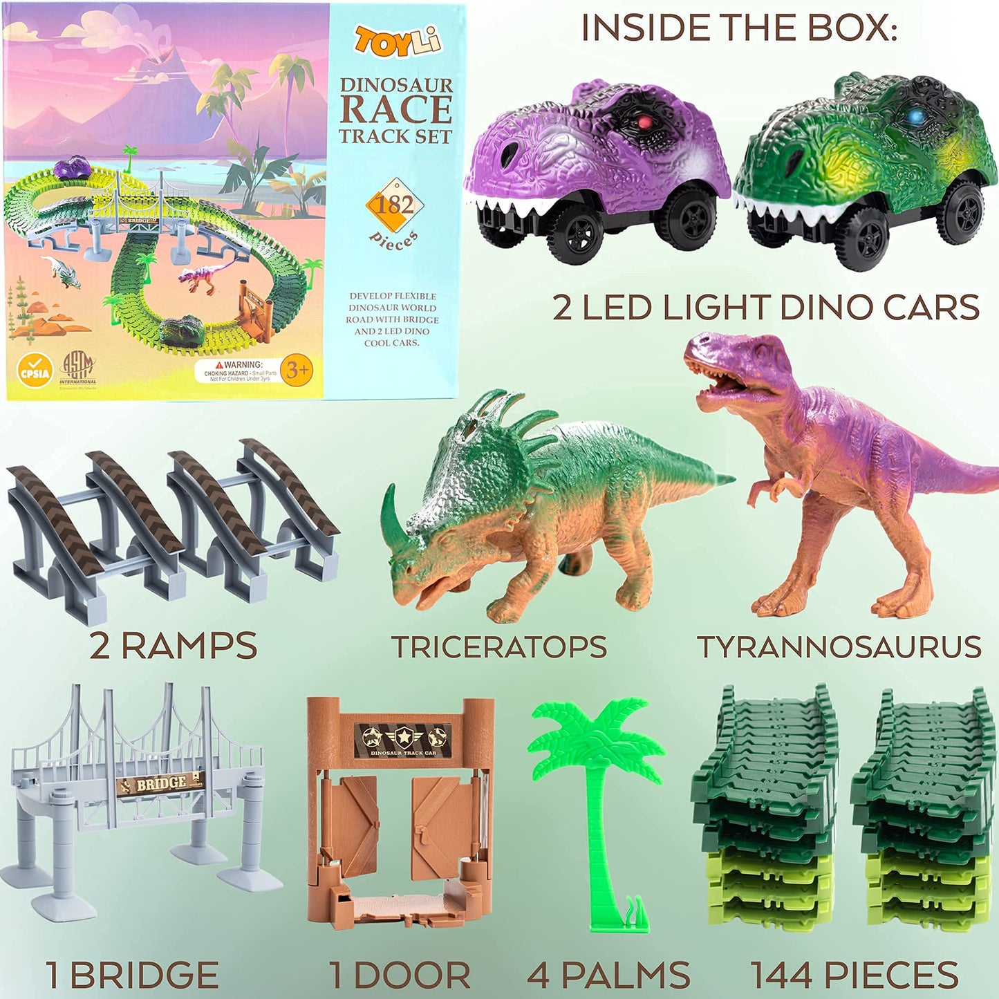 Toyli Dinosaur Race Track Set 182 Pieces, Dino Track Flexible Dinosaur Road Race Playset With Bridge, Ramps, Dinosaur Track Toy
