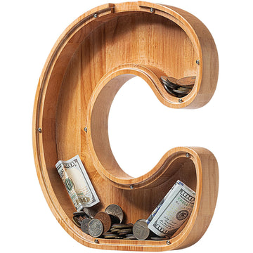 Piggy Bank For Kids Boys Girls, Large Personalized Wooden Letter Piggy Bank With Cut-Out Design, Alphabet Letter Coin Banks, Money Savings Box, Wooden Bank For Kids Creative Gift For Real-Money(C)