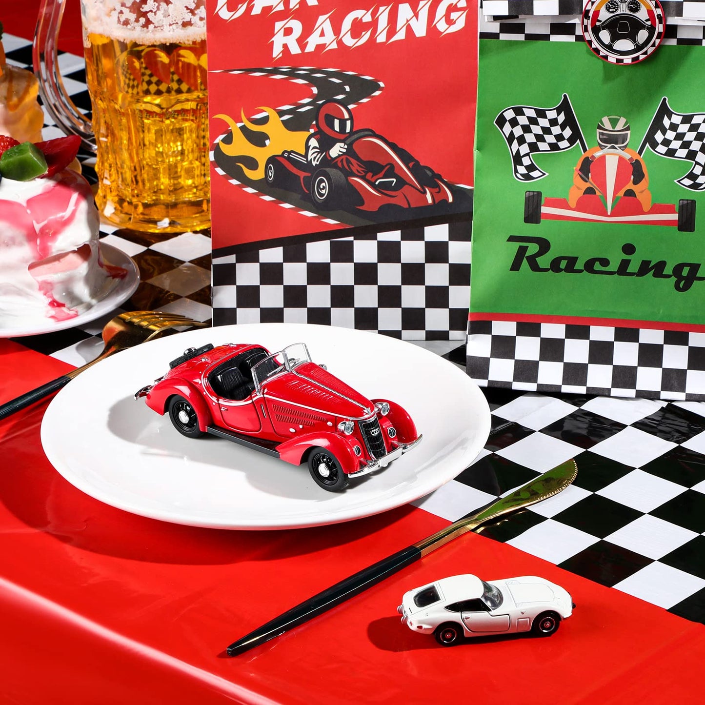 Irenare Car Birthday Supplies Racing Decorations Road Tablecloth Racetrack Table Runner Table Covers For Kids Boy Car Theme Birthday Party, 54 X 108 Inch (Red,2 Sheets)
