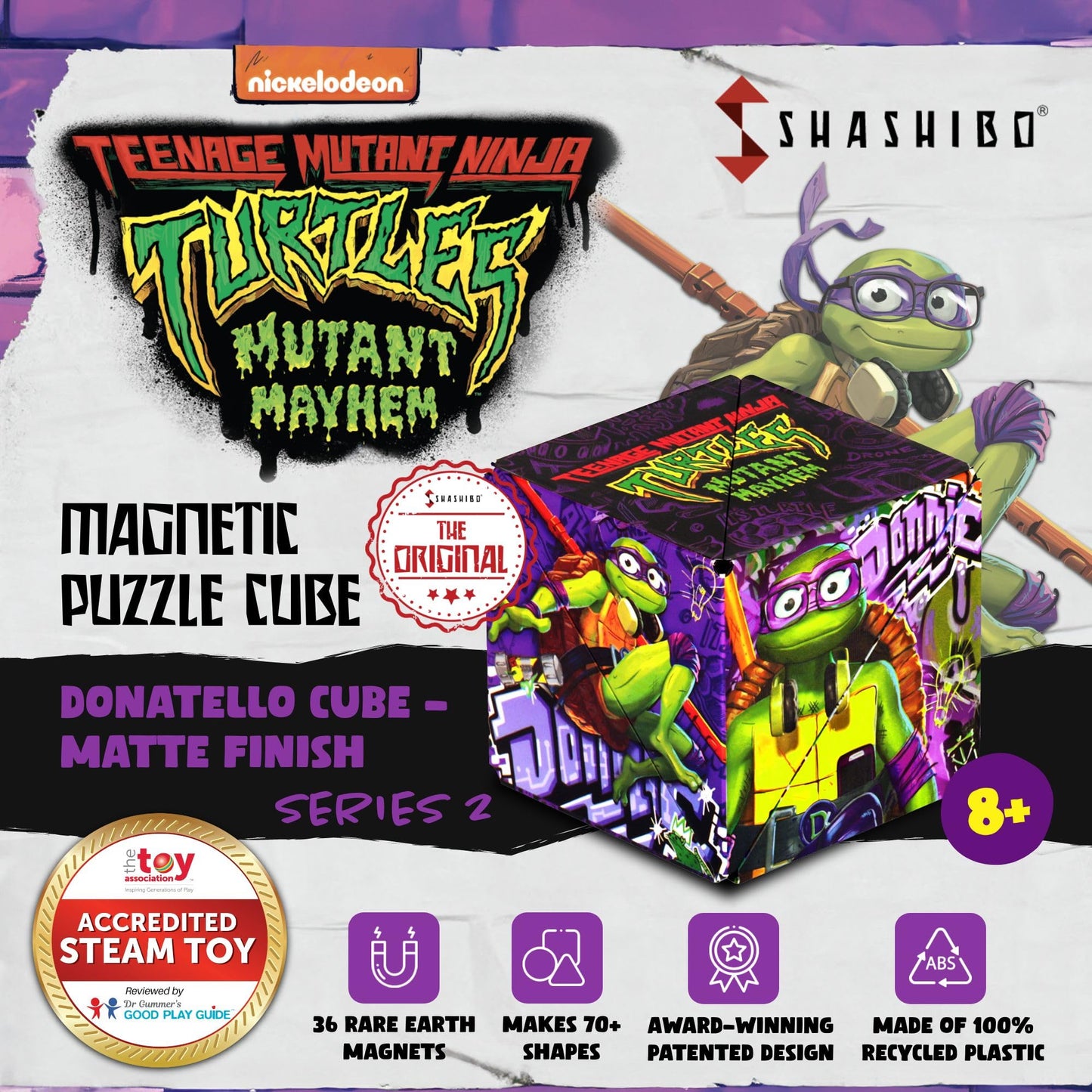 Shashibo Teenage Mutant Ninja Turtles Shape Shifting Box - Award-Winning, Patented Magnetic Puzzle Cube W/36 Rare Earth Magnets - Fidget Cube Transforms Into Over 70 Shapes (Donnie Series 2)