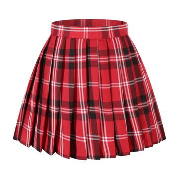 Beautifulfashionlife Womens Cosplay Costumes high waisted Plaid Pleated Skirts (2XL,Red black white)