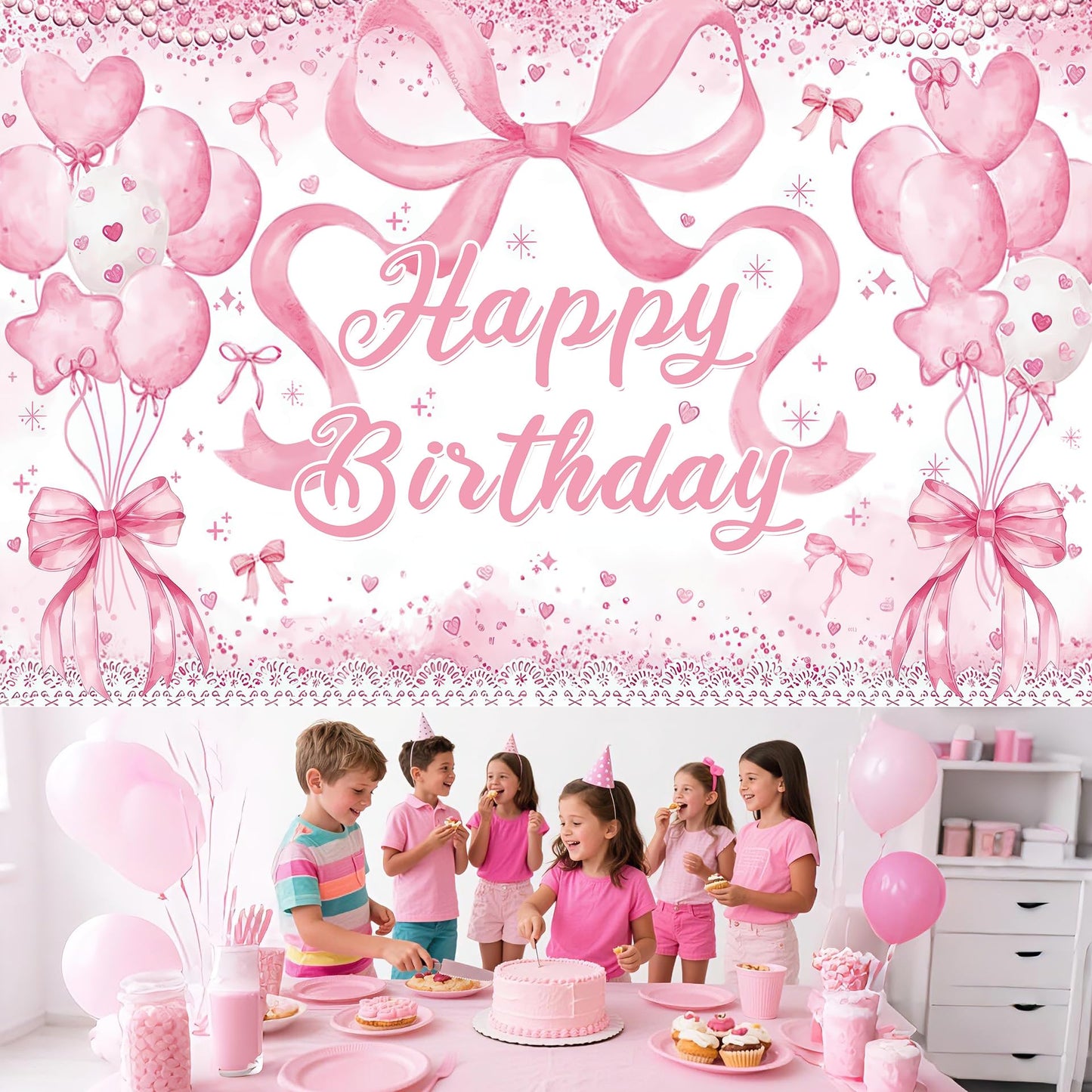 Cute Pink Bownot Birthday Party Backdrop Pink Bow Balloon Happy Birthday Banner Photography Background for Girls Teens Party Sup