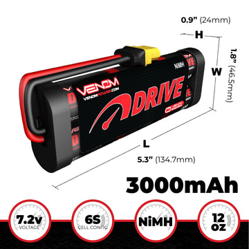 Venom Drive Series 6S - 3000mAh 7.2V NiMH Battery Flat - Universal 2.0 Plug, Nickel Metal Hydride 6 Cell - Silicone Connector &
