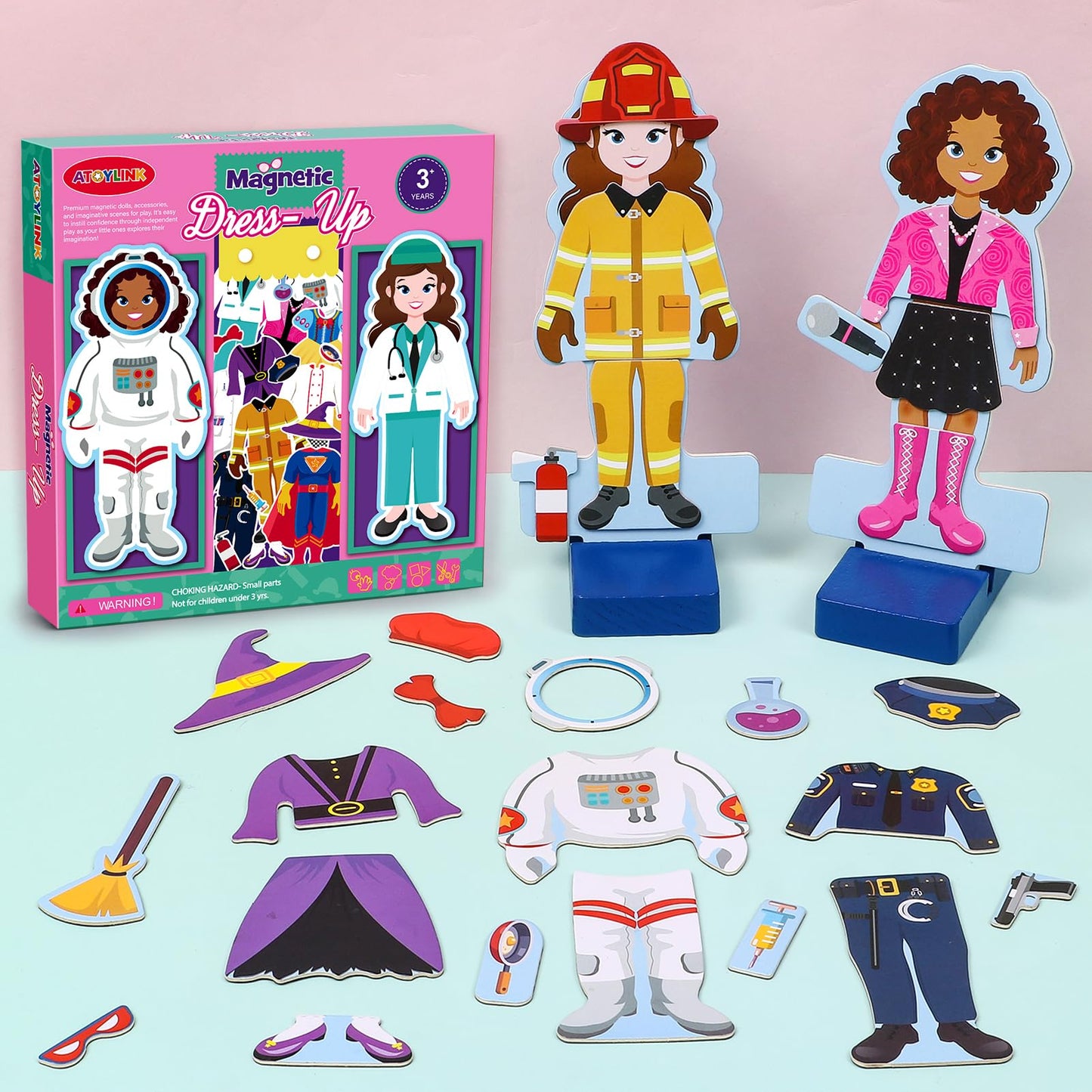 Atoylink Wooden Magnetic Dress Up Dolls For Girls Pretend Play Set, Princess/Witch/Occupations Community Helpers Matching Games Fashion Paper Dolls For Toddlers Preschool Learning Toys Gifts