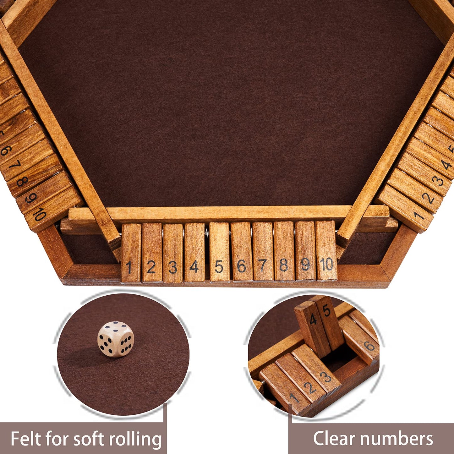 Vamslove Wooden Shut The Box Dice Game for 1-6 Players, Math Game with 16 Dice, Brown Finish, L15 x W13, Instructions Included