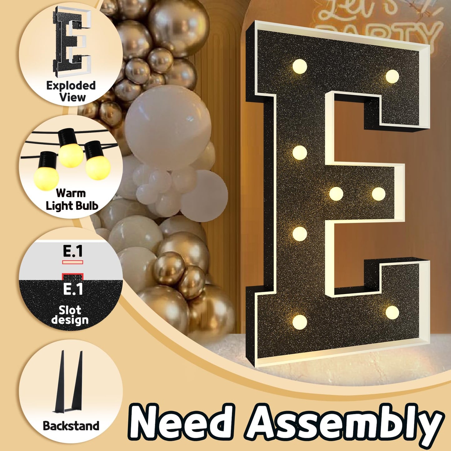 Imprsv Marquee Letters Black 3Ft: Black Party Decor - Light Up Letter E Large 3 Feet Tall - Party Decorations Letter For Love Ma