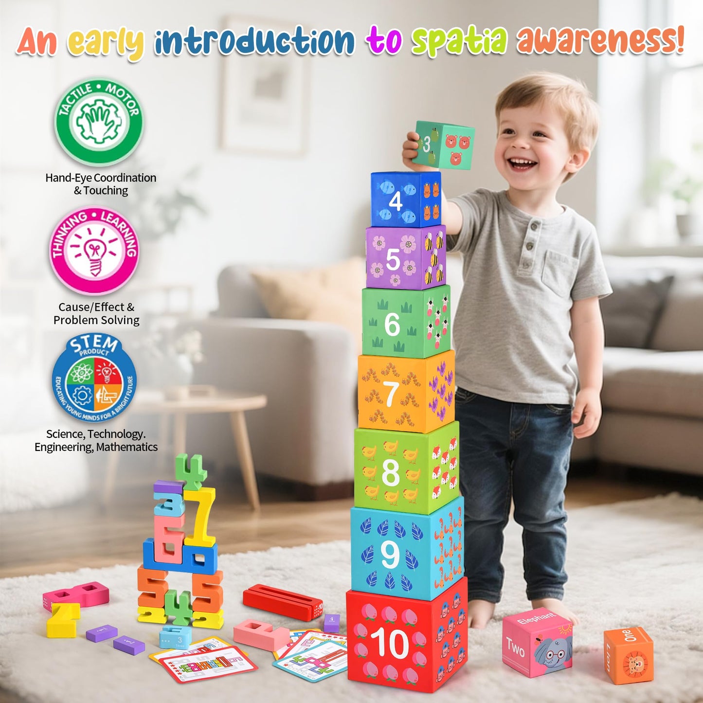 DICROON Wooden Number Building Blocks & Stacking Toys for Toddlers 3+ Years Old, Digital Building Blocks, 1-10 Digital Blocks To