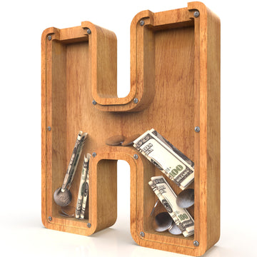 Piggy Bank For Kids Boys Girls, Large Personalized Wooden Letter Piggy Bank With Cut-Out Design, Alphabet Letter Coin Banks, Money Savings Box, Wooden Bank For Kids Creative Gift For Real-Money(H)