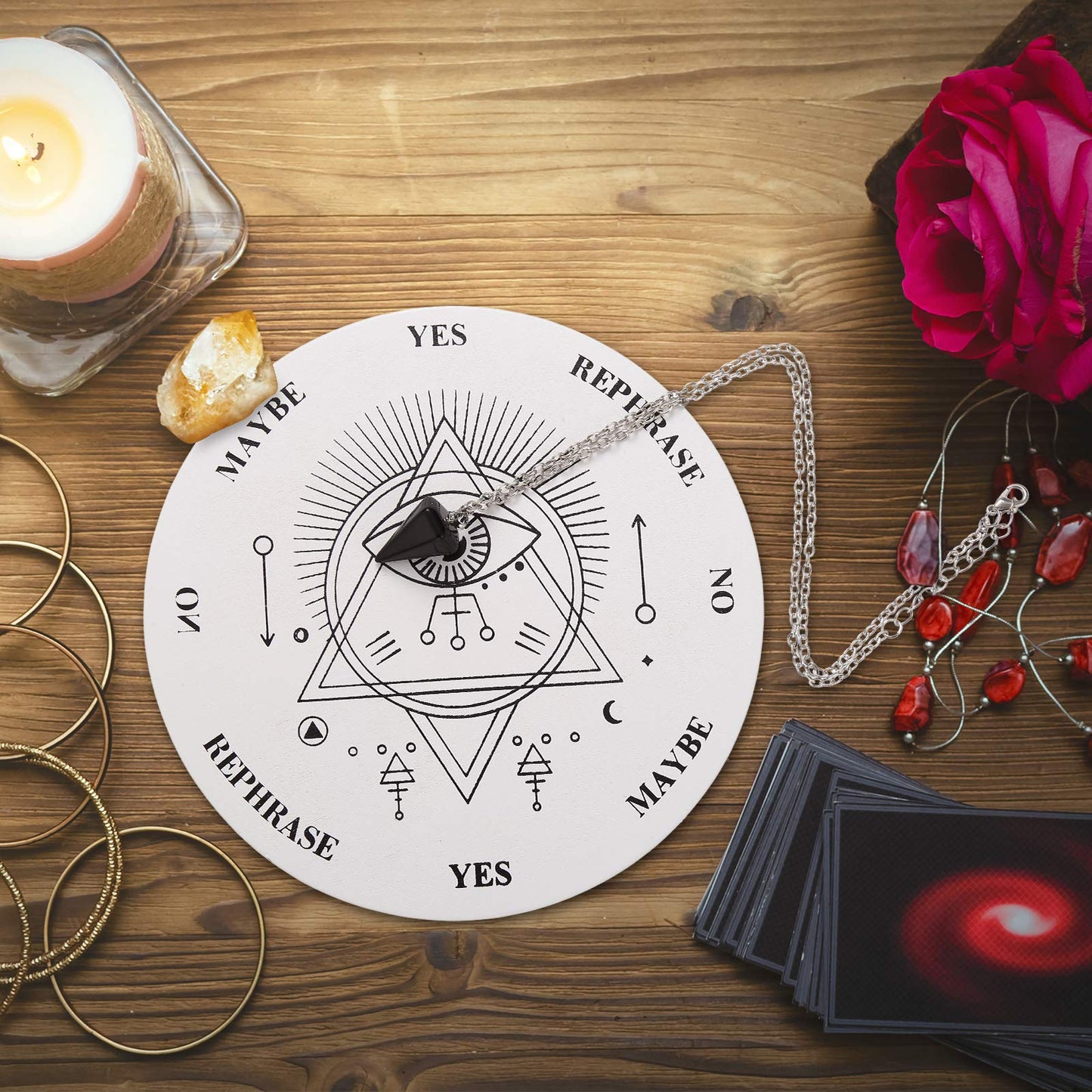 Jetec Wooden Pendulum Board Dowsing Divination Pendulum Witchcraft Altar Supplies With Crystal Necklace And Metaphysical Message Board Kit, 3.9 Inch(White)