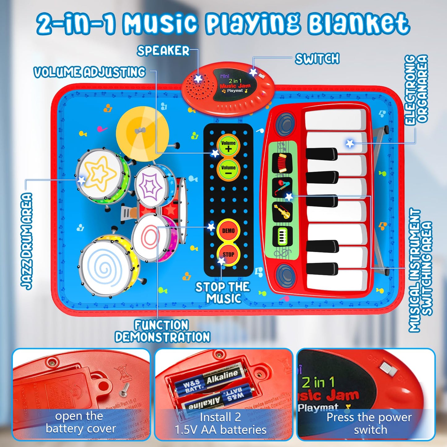 2-In-1 Musical Mat Toys For 1 Year Old Boy, Piano Keyboard & Drum Set With 2 Drum Sticks, Early Educational Musical Learning Toy
