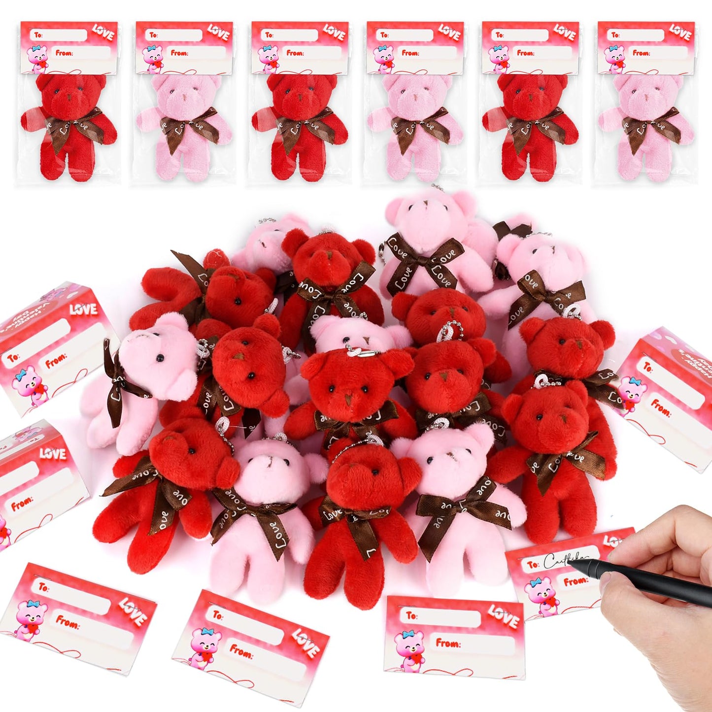 32 Pack Valentines Day Cards with Bear Plush Toys, Valentine s Classroom Exchange Prizes Gifts for Kids Boys Girls, Valentines