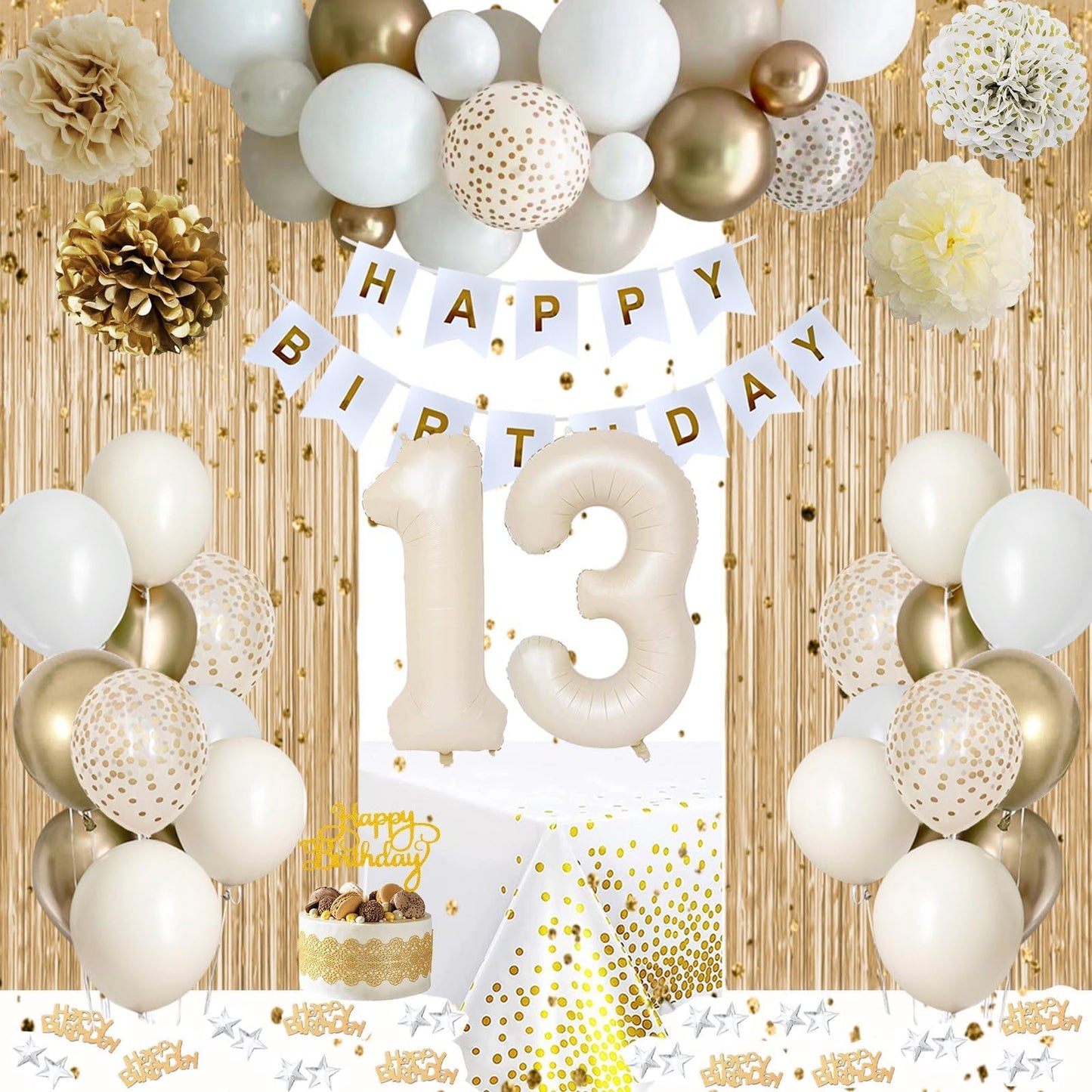 13Th Birthday Decorations For Girls, Gold Official Teenager Decorations White And Gold Balloons Happy Birthday Banner Tablecloth