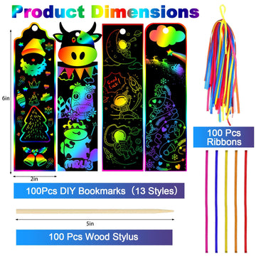 Tcvents 100 Sets Scratch Art Bookmarks Making Kit Valentine Cards for Kids, Scratch DIY Animal Bookmarks Bulk with 100 Ribbons a