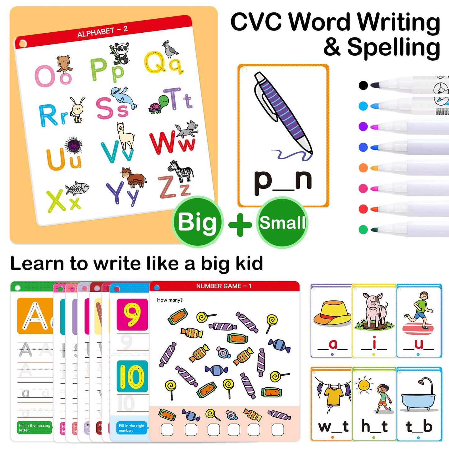 Elitepanda Cvc Word Games & Preschool Learning Kit For 3,4,5,6 Year Olds | 60 Reusable Dry Erase Flash Cards, Kindergarten Workb