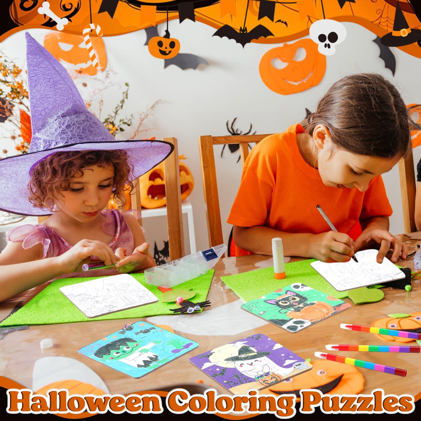Fullhawl 12 Sets Puzzles Color Your Own Puzzles DIY Jigsaw Crafts with 12 Stackable Crayons and 12 Bags for Learning Education Toys Gifts Prizes Birthday Party Supplies (12 Halloween)