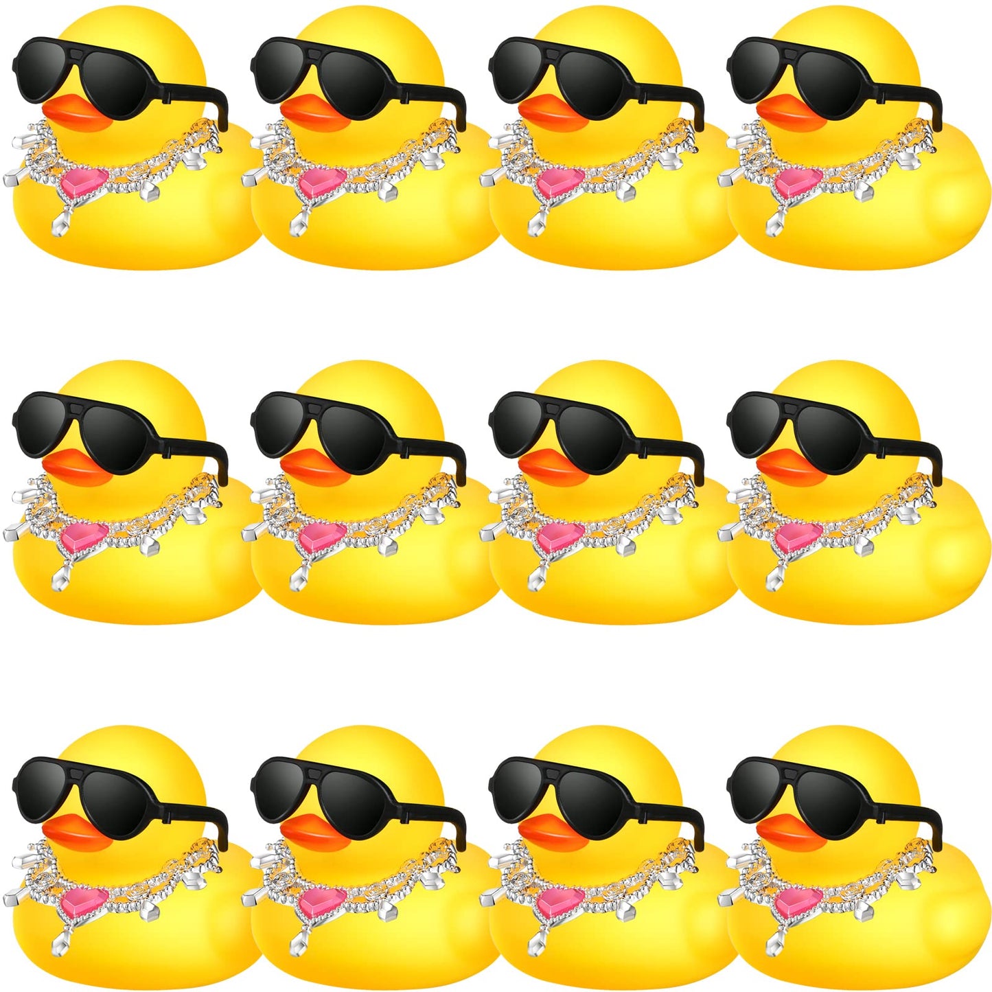 Chivao 12 Pcs Mini Rubber Ducks With Sunglasses/ Glasses And Hats/ Necklace, Cruise Rubber Ducks In Bulk Small Bathtub Toy For Hiding Party Favor(Fancy Style,Yellow)