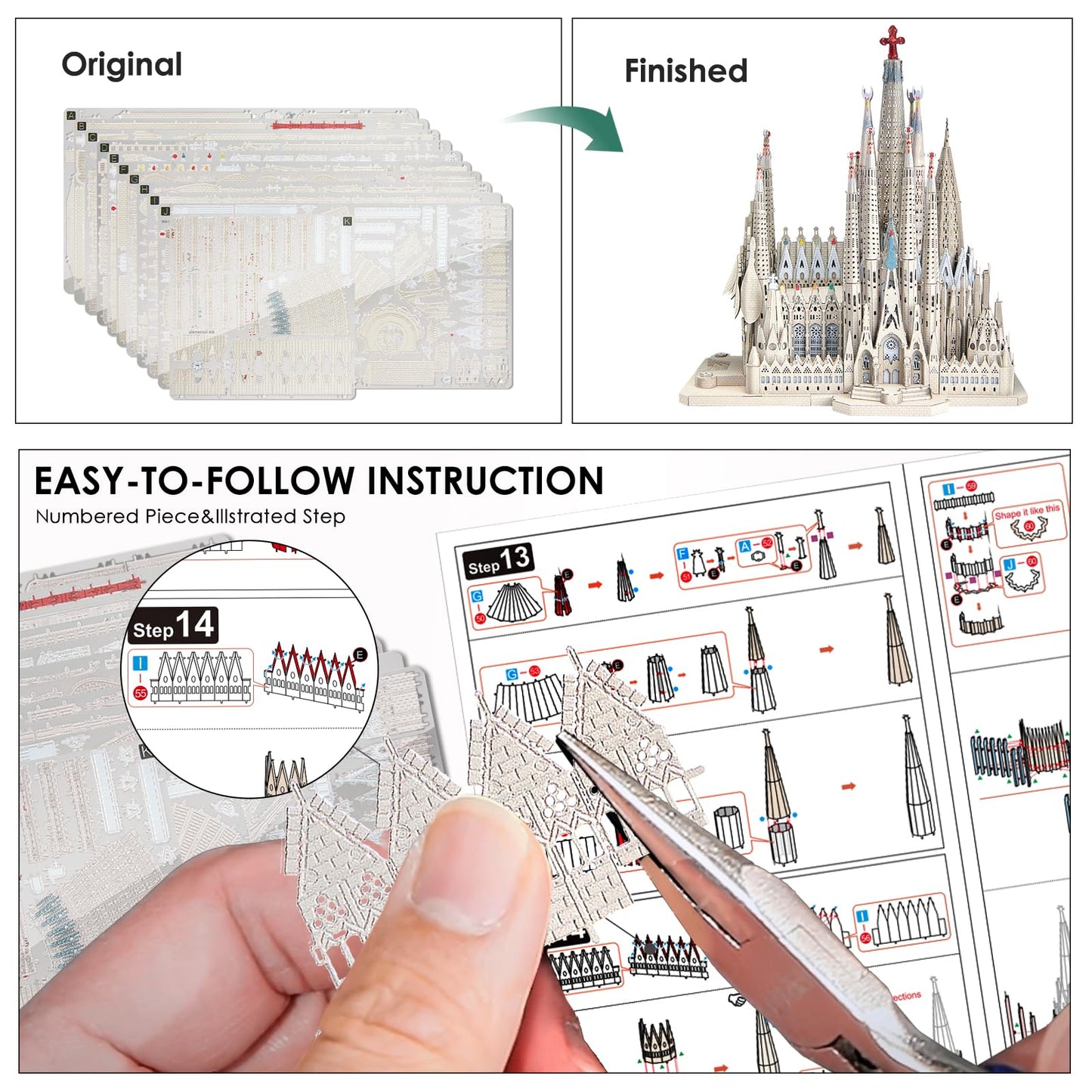 Piececool 3D Metal Puzzles For Adults And Teens, La Sagrada Família Metal Model Kit, Challenge Spanish Cathedral Brain Teaser Architecture Building Blocks Puzzle, 450 Pcs