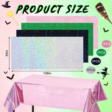 LOYIM 4 Pcs Witch Holographic Tablecloth for Party Pink Green Silver Black 54 x 108 Witch Princess Theme Decorations Iridescent