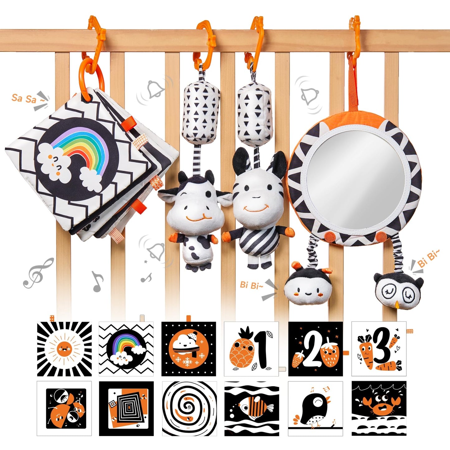 Tumama Black And White Baby Toys, High Contrast Baby Tummy Time Toys, Newborn Soft Books Mirror Rattles, Montessori Sensory Toys 0-12 Months, Hanging Infant Toys For Carseat Stroller Play Mat Crib