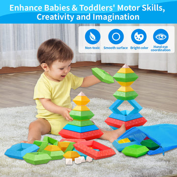 Hieoby Montessori Toys - 30Pcs Building Blocks, Educational STEM Sensory Gifts for Toddlers Age 1-4, Multicolor, 7"x9"x3.7"