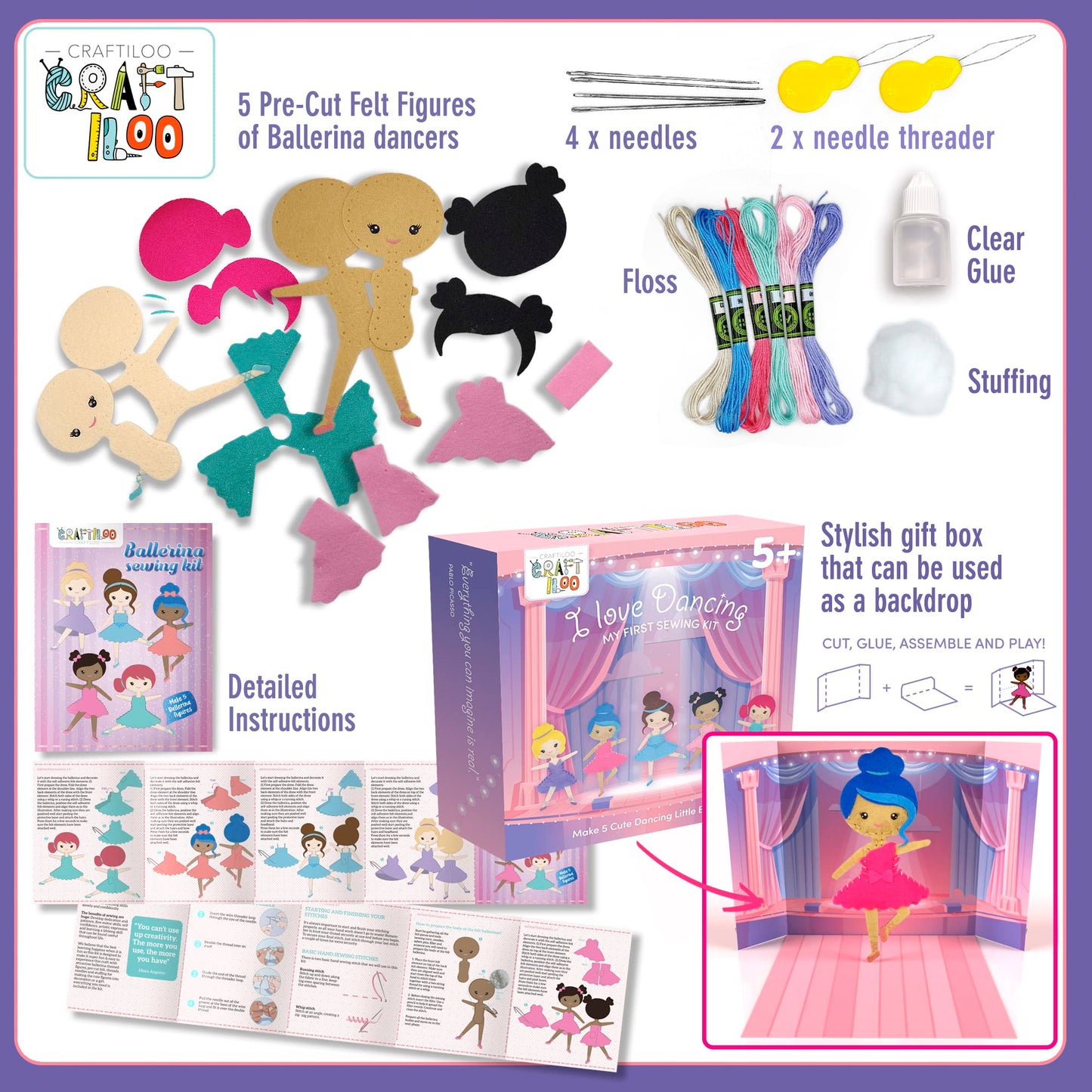 Craftiloo Ballerina Dancers Sewing Kit For Kids, Fun And Educational Craft Set For Boys And Girls Age 5-12, Sew Your Own Felt Ba