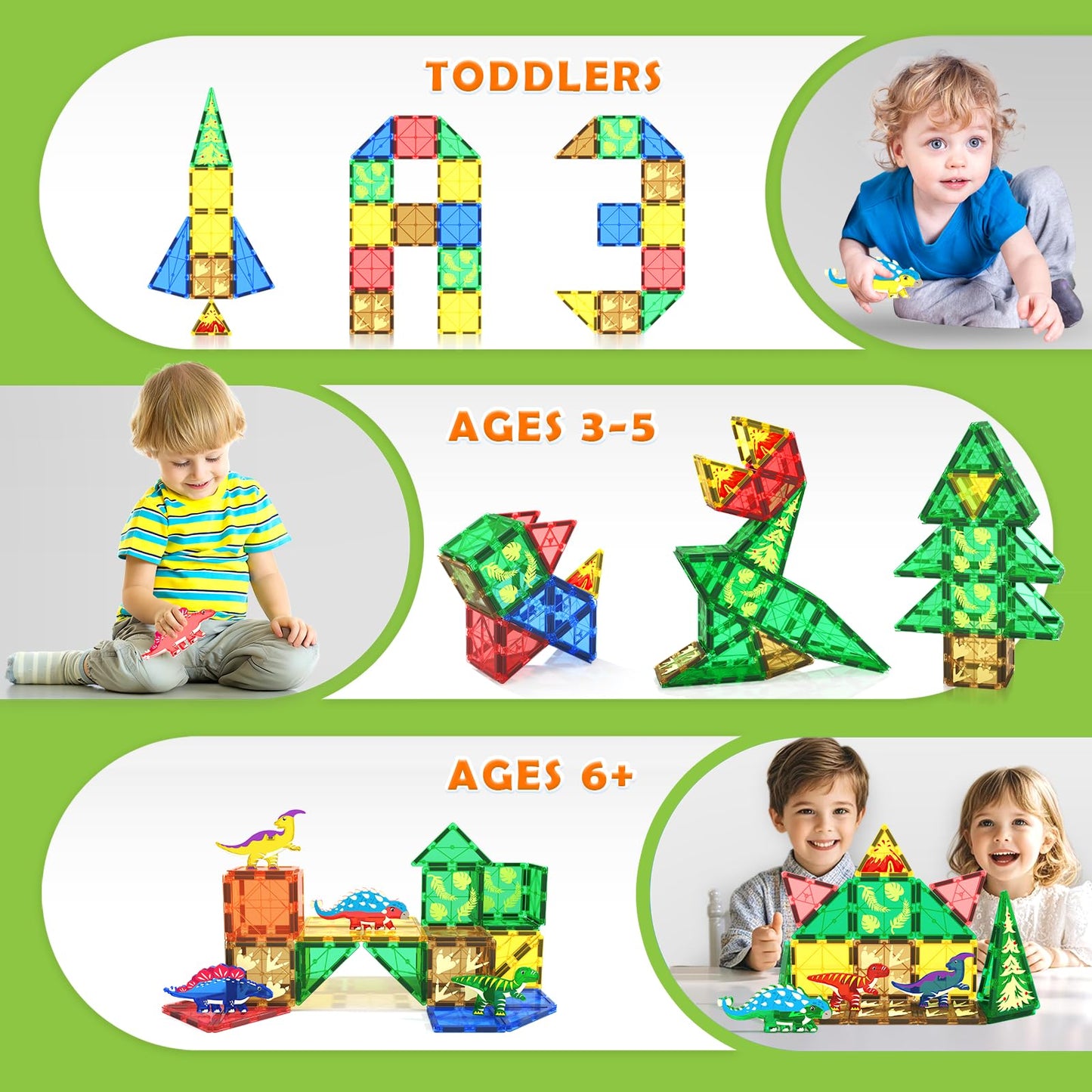 Dinosaur Toys Magnetic Tiles Jurassic Scenes Dinosaur World, Magnetic Blocks Stem Sensory Toddler Kids Games, Creative Toys Gifts For 3+ Years Old Boys Girls Dinosaur Toys For Kids 3-5 5-7