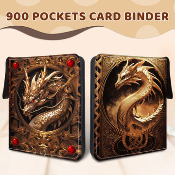 Wazzio Trading Card Storage Album with 50 Durable 9-Pocket Pages Birthday Gifts for Fathers Day 900 Pocket Card Binder Gifts for Collector's Album Golden Dragon Design on Pocket Card Packs