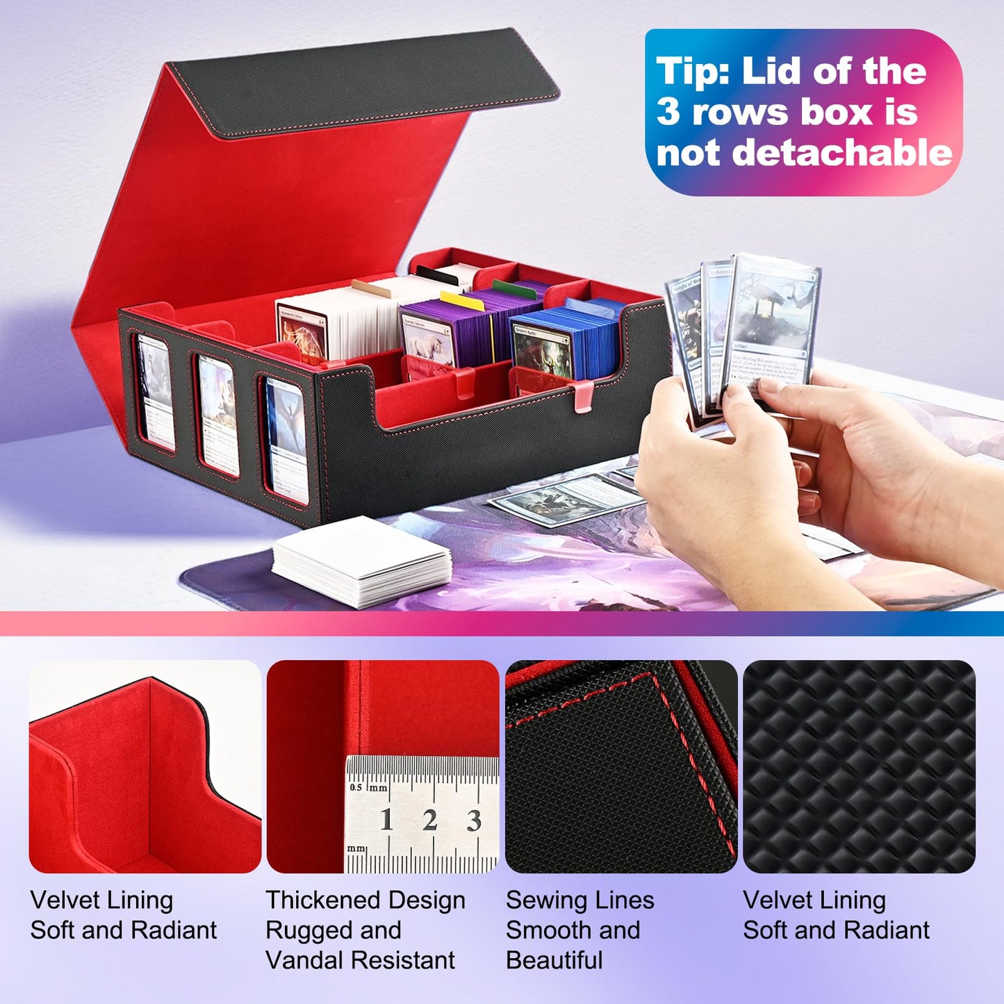 Uaono Card Storage Box For Trading Cards, 1800+ Commander Deck Box For Mtg With Display Window, Toploader Card Case Fits Magic Tcg Ptcg Sports Cards; 10 Removable Divider, 3 Stoppers (Black, Red)