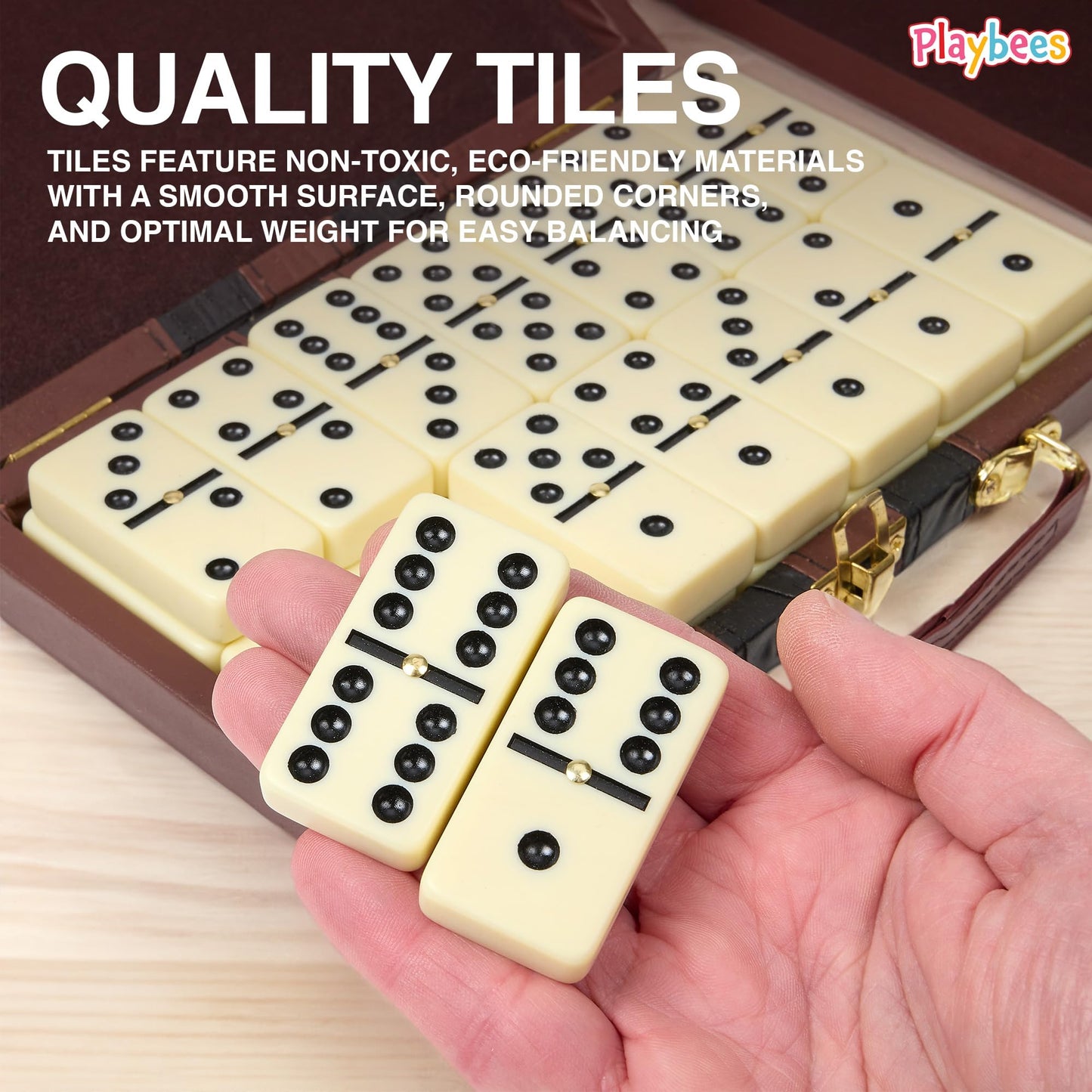Playbees Jumbo Double Six Domino Set - 28 Thick White Tiles - Sophisticated Wooden Vegan Leather Box - Classic Family Game - Mat