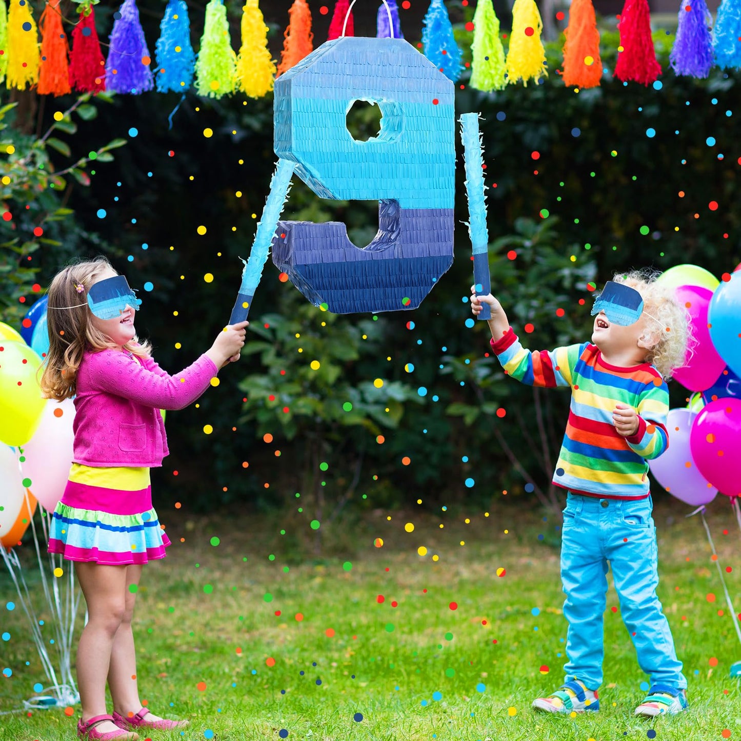 Sratte Gradient Blue Piñata with Stick & Blindfold, Number 9, Paper for Kids Birthday Party Decorations