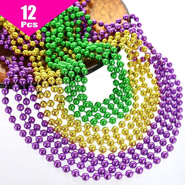 GIFTEXPRESS 12 pcs Mardi Gras Beads, 33'' Multi Colors Necklaces Bundle, Party Costume Necklace Metallic Colors in Gold, Green,