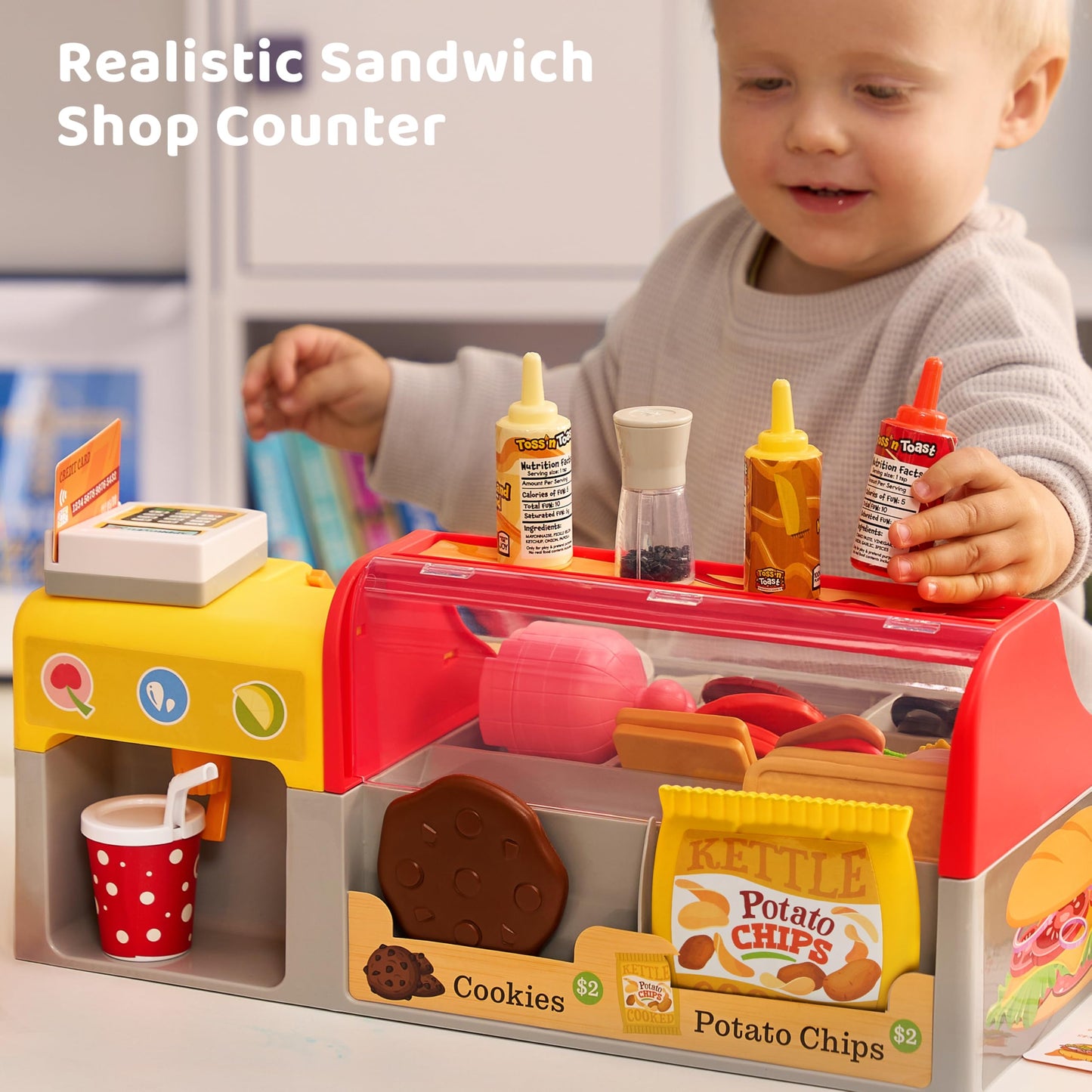 Pretend Play Food Toy For Kids Toddlers, Play Kitchen Accessories Include Sandwich Maker Toy With Slicer For Ham, Menu And Ingre