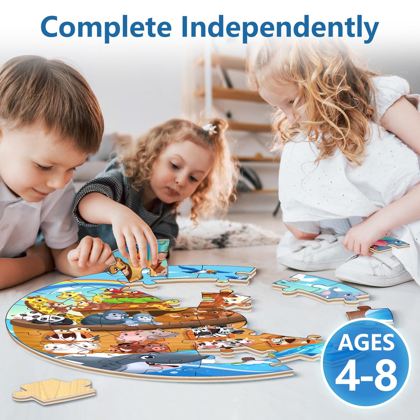 Iplay, Ilearn Toddlers Noah'S-Ark Wooden Animal Puzzles, Kids Floor Puzzles For Ages 3-5, 4-8, Large 51 Pieces Round Jigsaw Puzzle Educational Toys, Birthday Gift For 6 7 Years Old Boys Girls Children