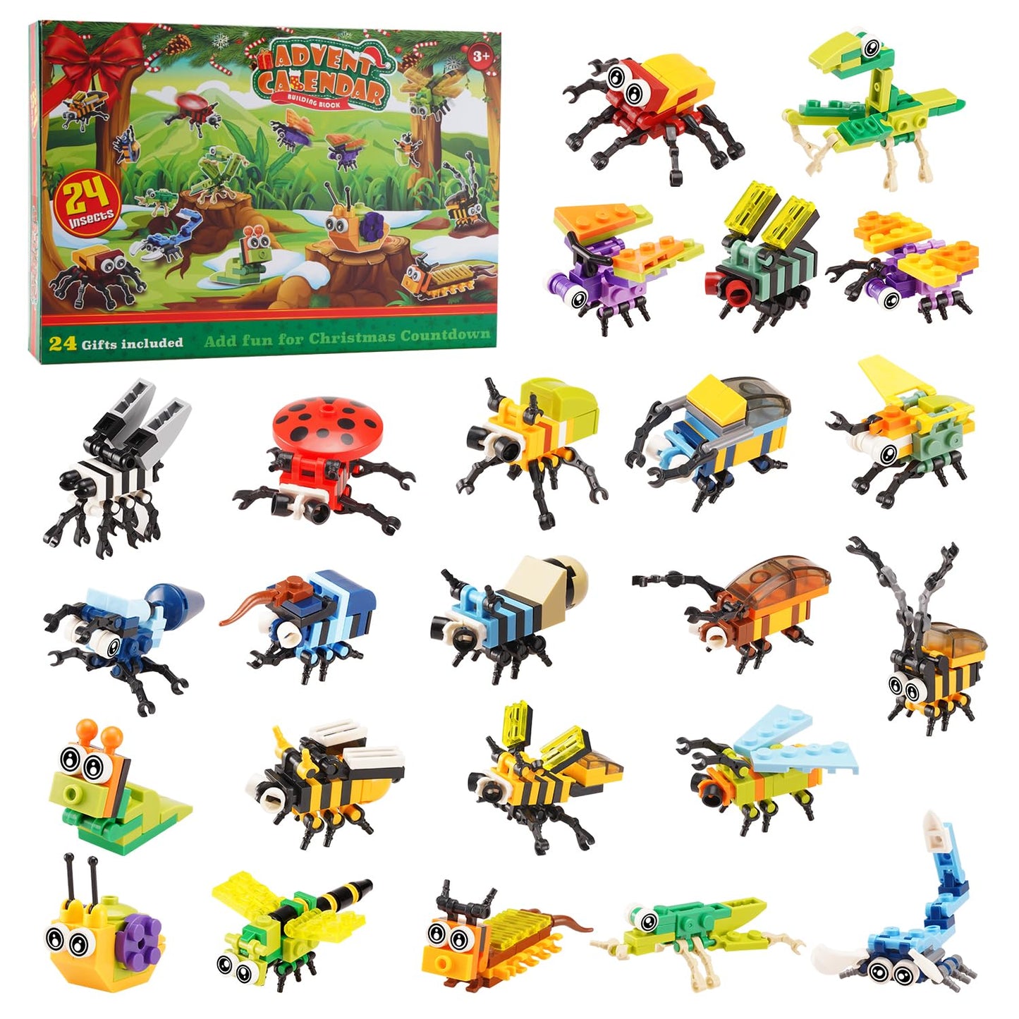 Misini M6002 Animal Insect Advent Calendar 2024 Mini Building Block Set, 912/Pcs Moc Creative Toy Model, A Total Of 24 Insect Building Kits, Gifts For, Kids, Boys And Girls